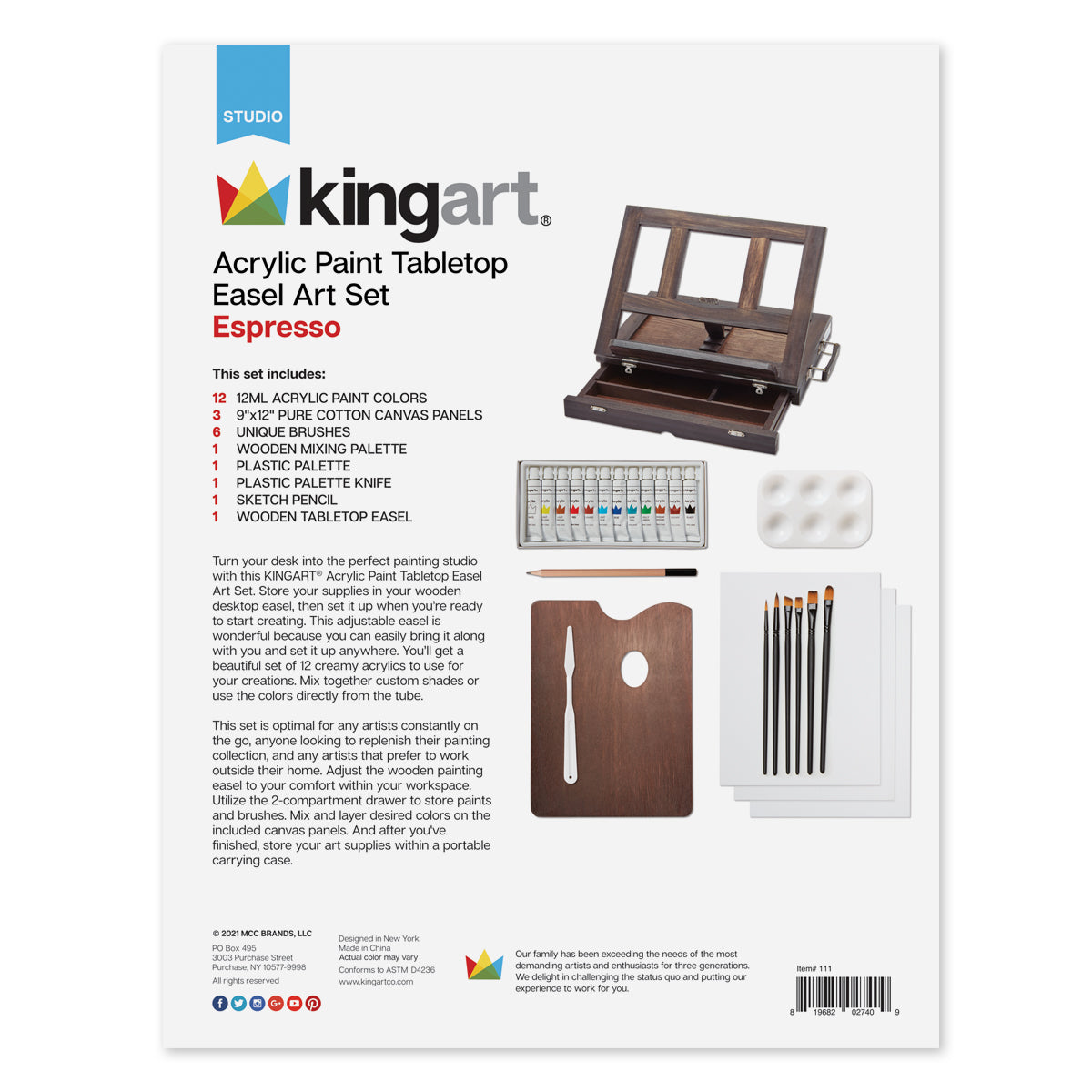 KINGART® Studio Acrylic Paint Tabletop Easel Art Set, Espresso Finish