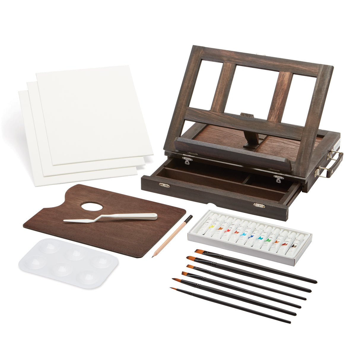 KINGART® Studio Acrylic Paint Tabletop Easel Art Set, Espresso Finish
