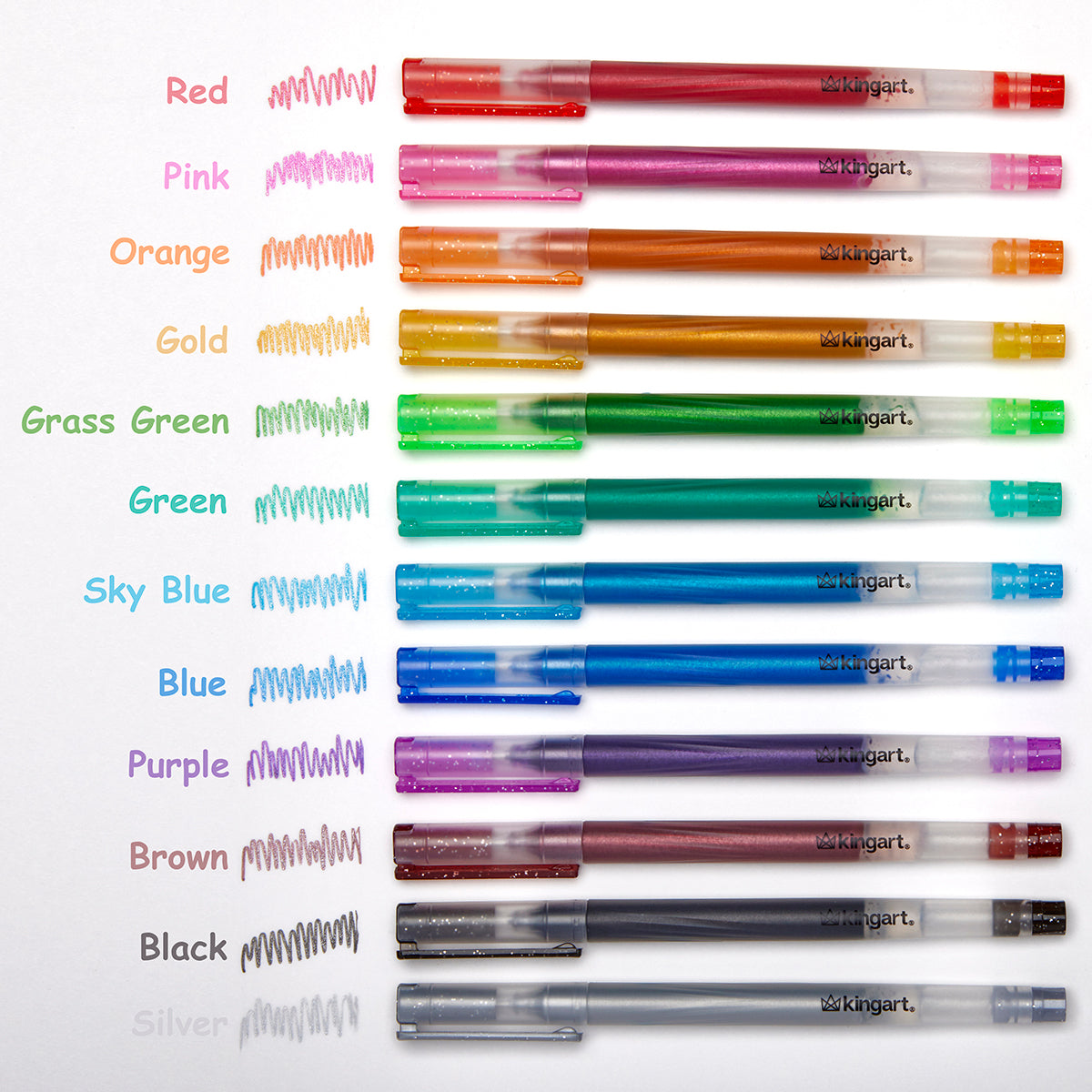 KINGART® Glittering Colored Gel Pens, Scrapbook, Journals, or Drawing,  Colored Glitter Ink, Medium Line , Set of 12 Unique Colors
