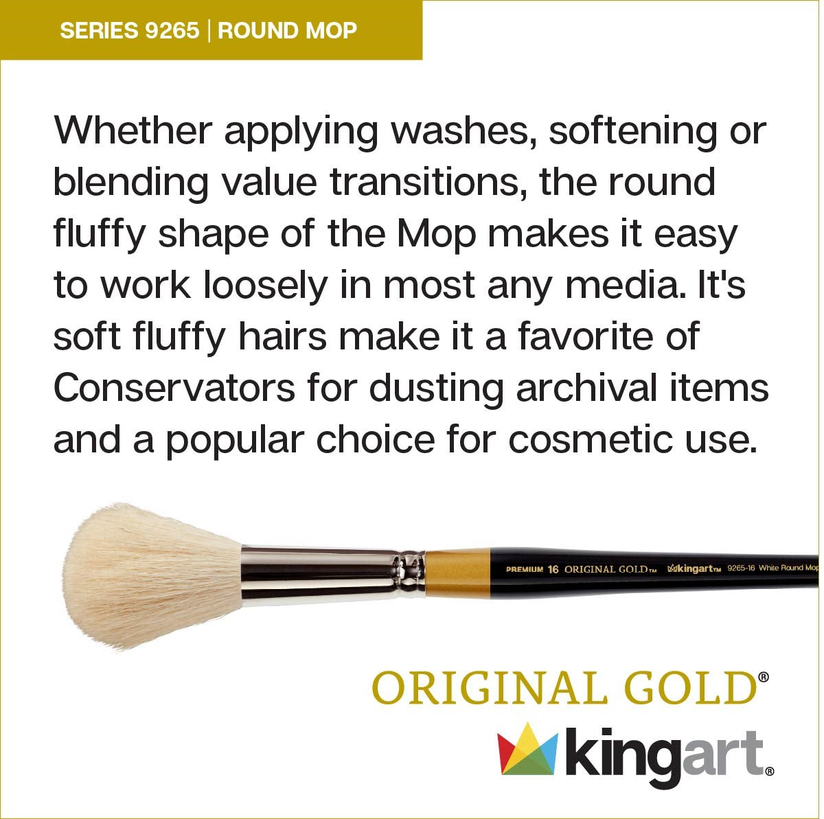 Kingart Original Gold Specialty 9265 Series, Round Mop Artist Brush, Super-Soft Natural (16)