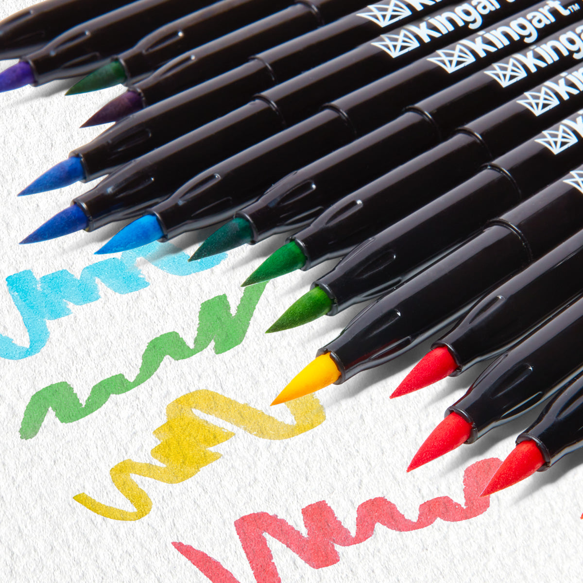 KINGART PRO Coloring Brush Pen Watercolor Markers, in 48 Vivid  Colors with Blendable Ink for Fine, Medium, or Bold Brush Strokes