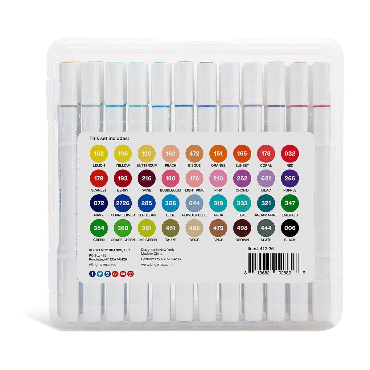 KINGART® Twin-Tip™ Brush & Ultra Fine Markers, Carrying Case, Set of 36  Unique Bright Colors