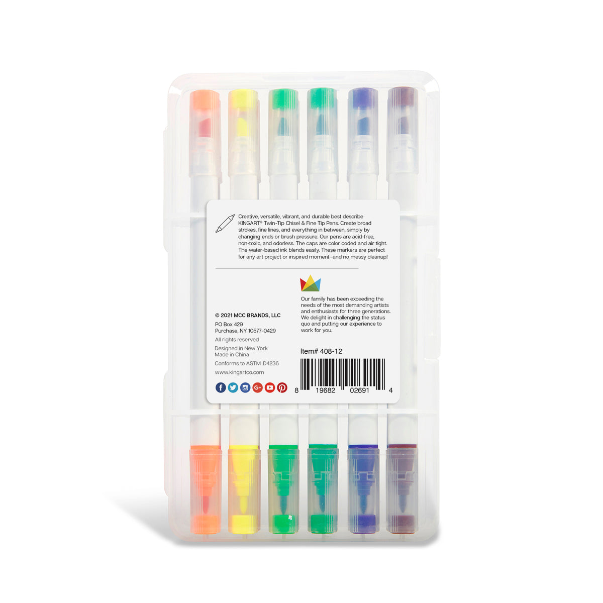 KINGART® Chisel & Fine Tip Markers, Travel Storage Case, Set of 12 Colors