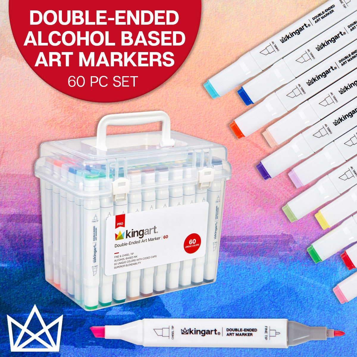 KINGART® PRO Double-Ended Art Alcohol Markers, 60 Colors with Both Fine &  Chisel Tips and Superior Blendability