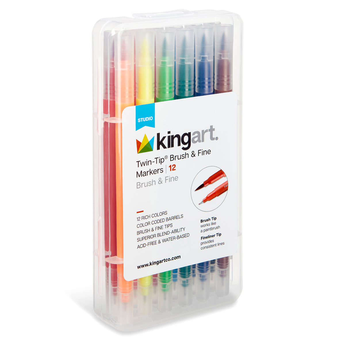 Kingart Studio Twin-Tip Brush & Ultra Fine Markers, Carrying Case, Set of 12 Unique Colors