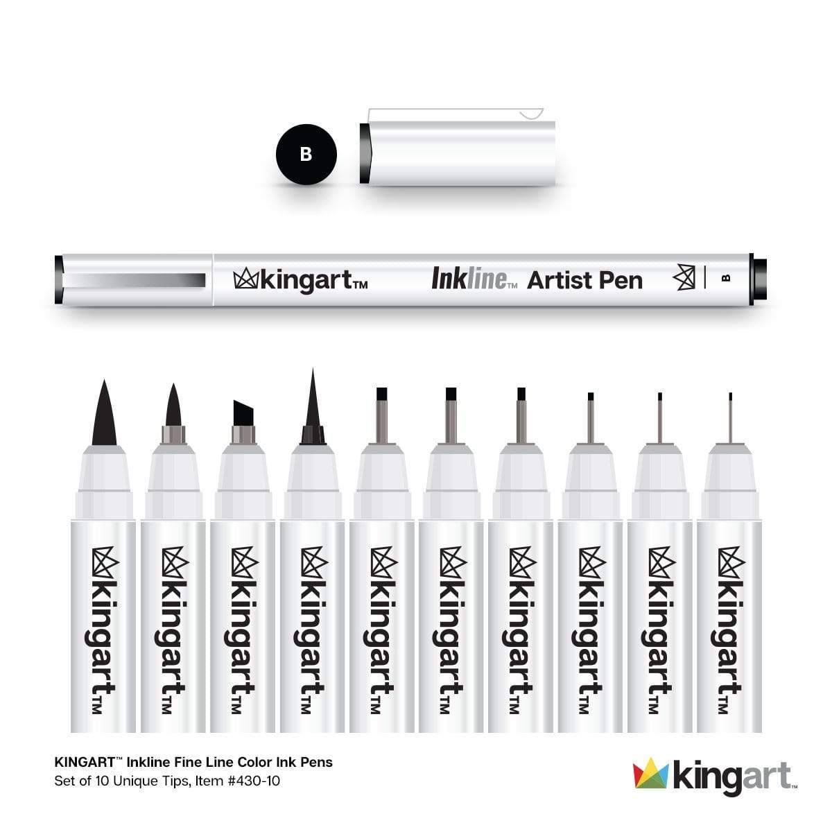 KINGART® Inkline™ Fine Line Art & Graphic Pens, Archival Japanese Ink, Set  of 8 Unique Colors, Size B Brush Nib