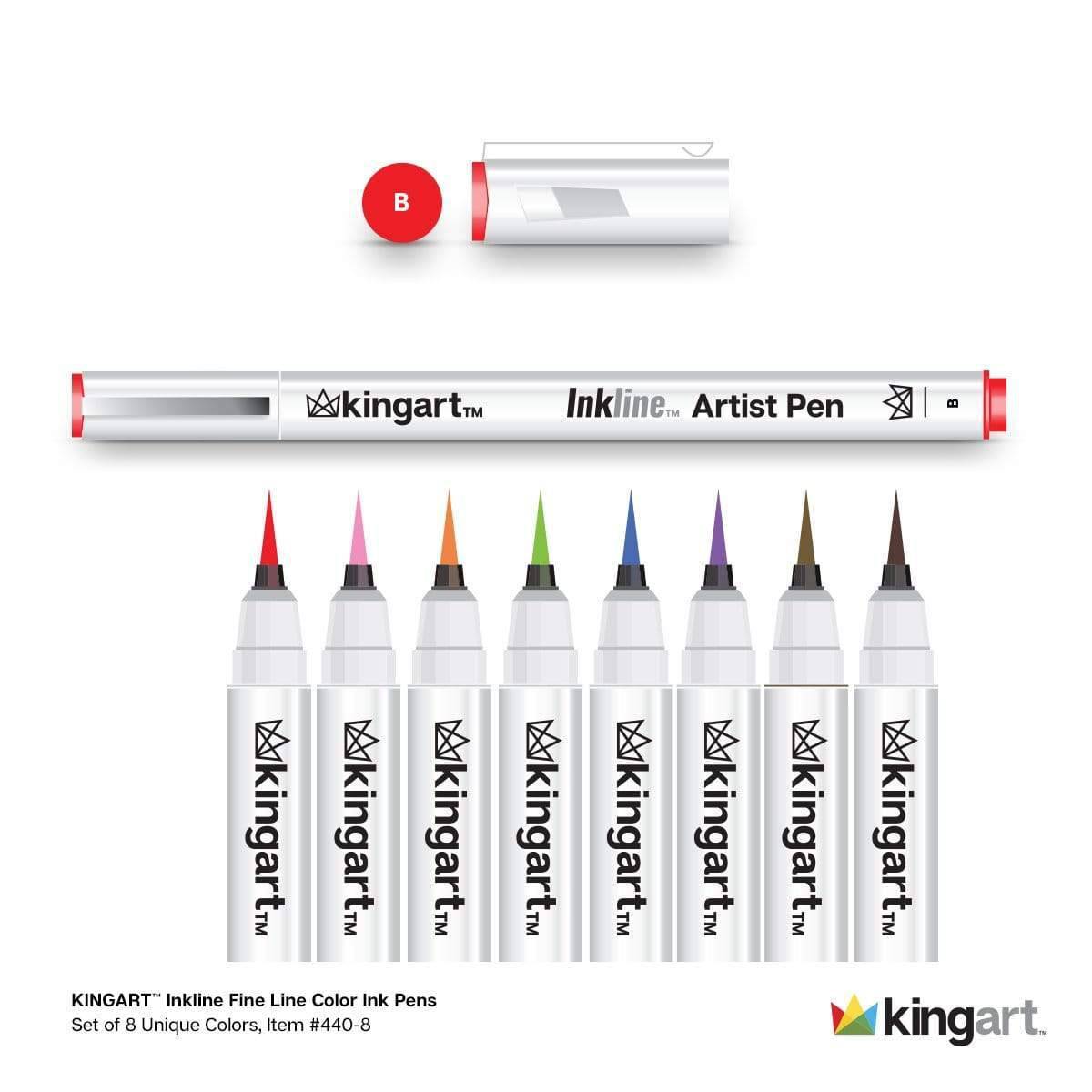 KINGART® Inkline™ Fine Line Art & Graphic Pens, Archival Japanese Ink, Set  of 8 Unique Colors, Size B Brush Nib