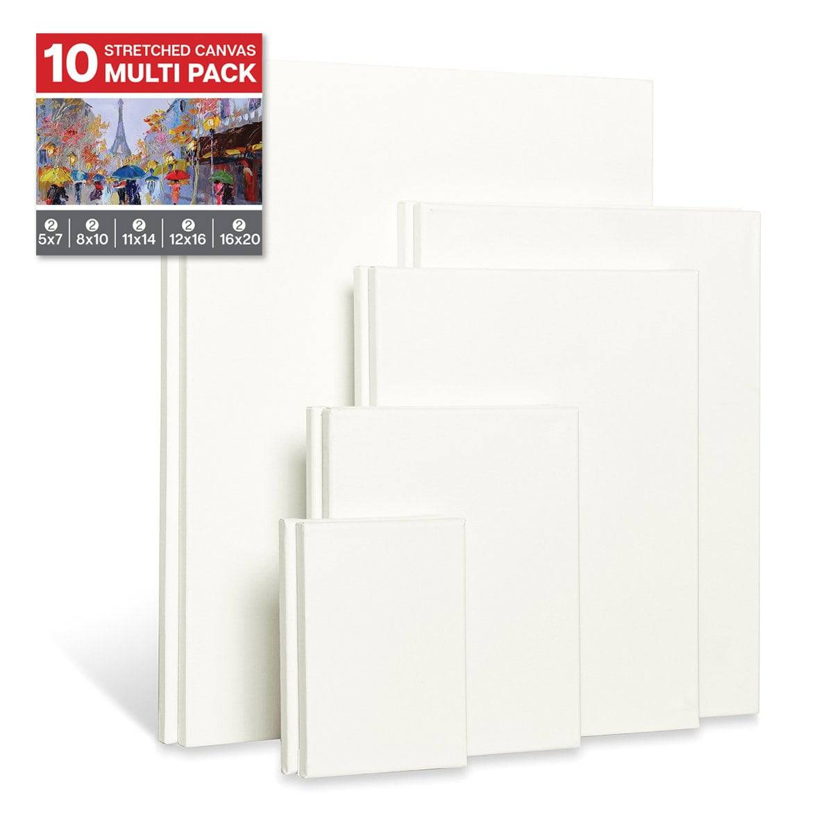 KINGART® Stretched White Canvas Multi-size pack, 10-Pack (2 ea. 5x7, 8x10,  11x14, 12x16, 16x20)