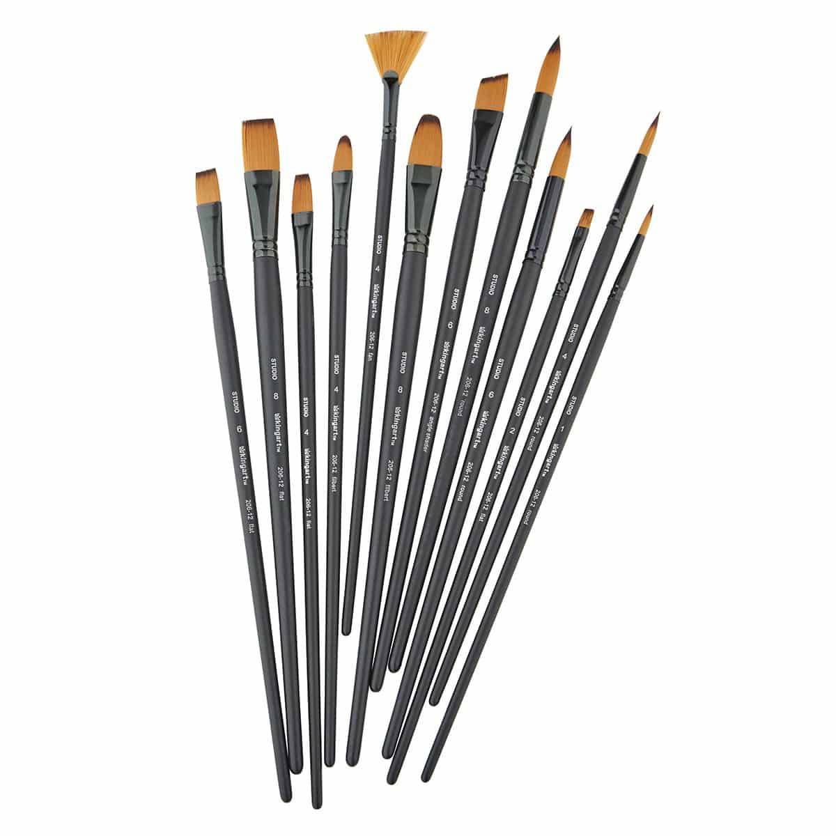 KINGART® Oil & Acrylic Long Handle Brush Set, Synthetic Blend, 12 PC & Case