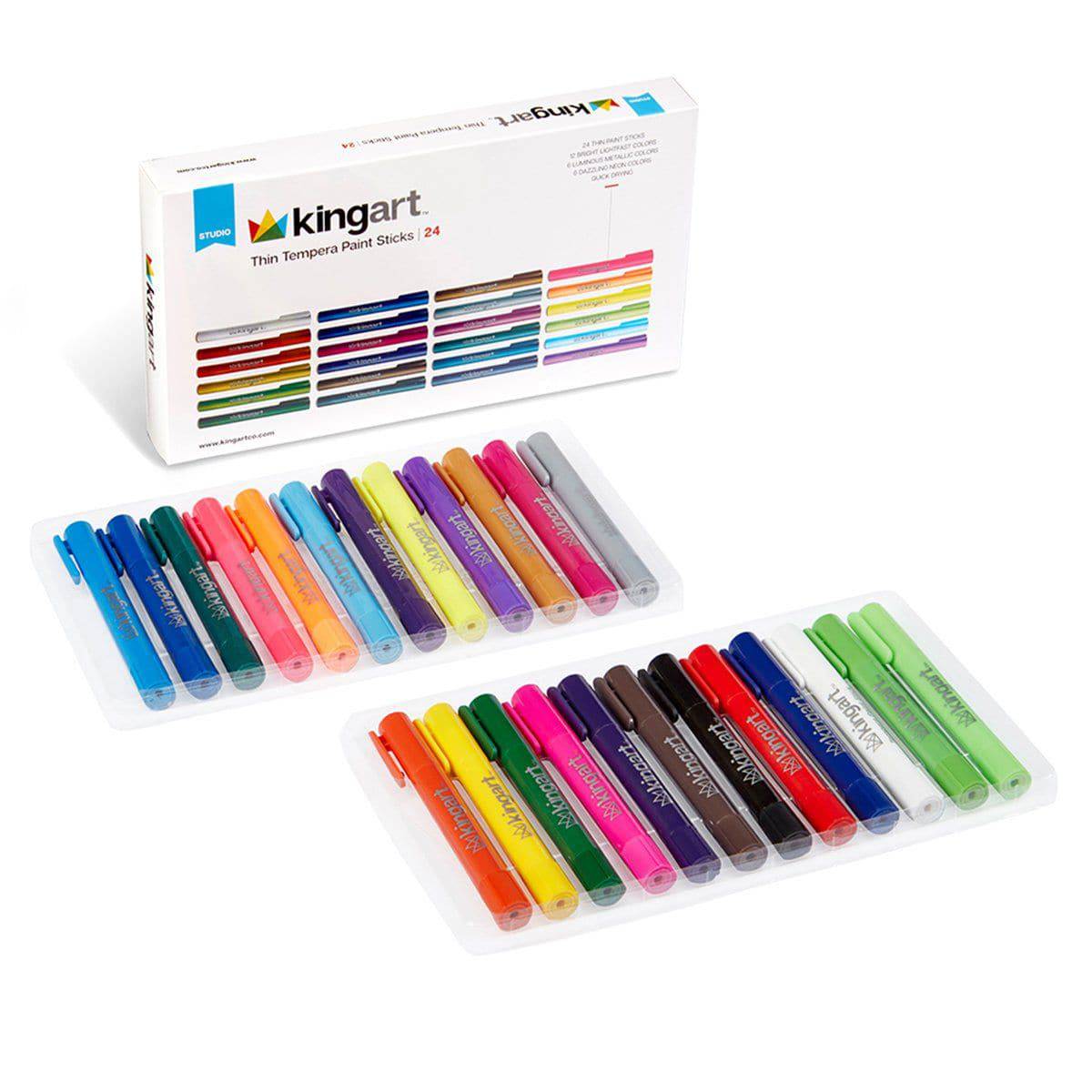 KINGART® Tempera Paint Thin Sticks, 24 Vibrant Colors Solid