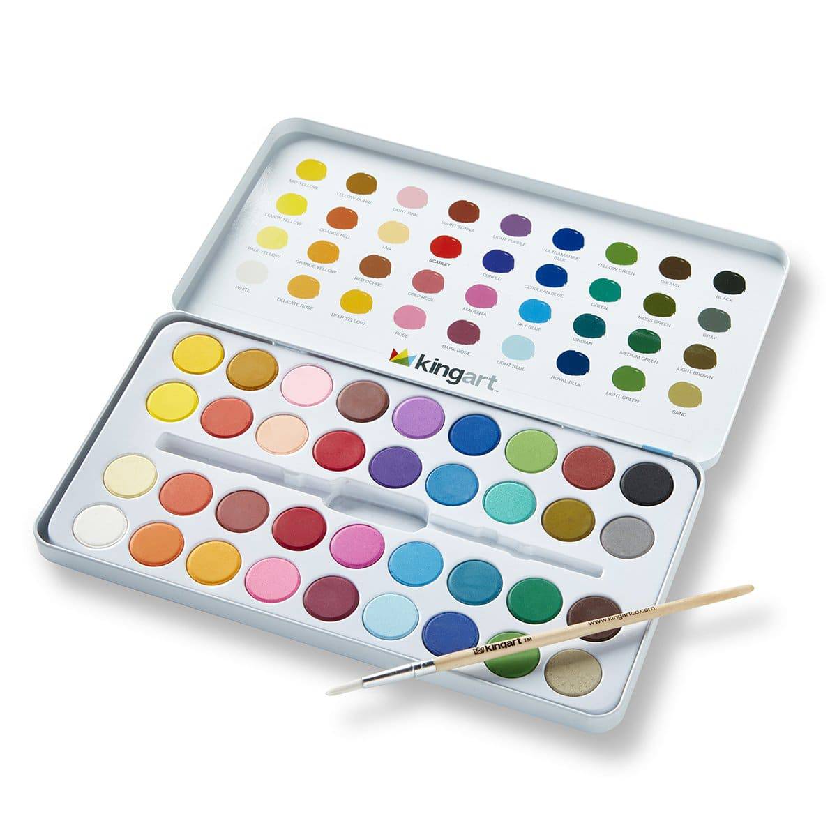 KINGART® Watercolor Pans, Tin Case & Paint Brush, Set of 36 Unique