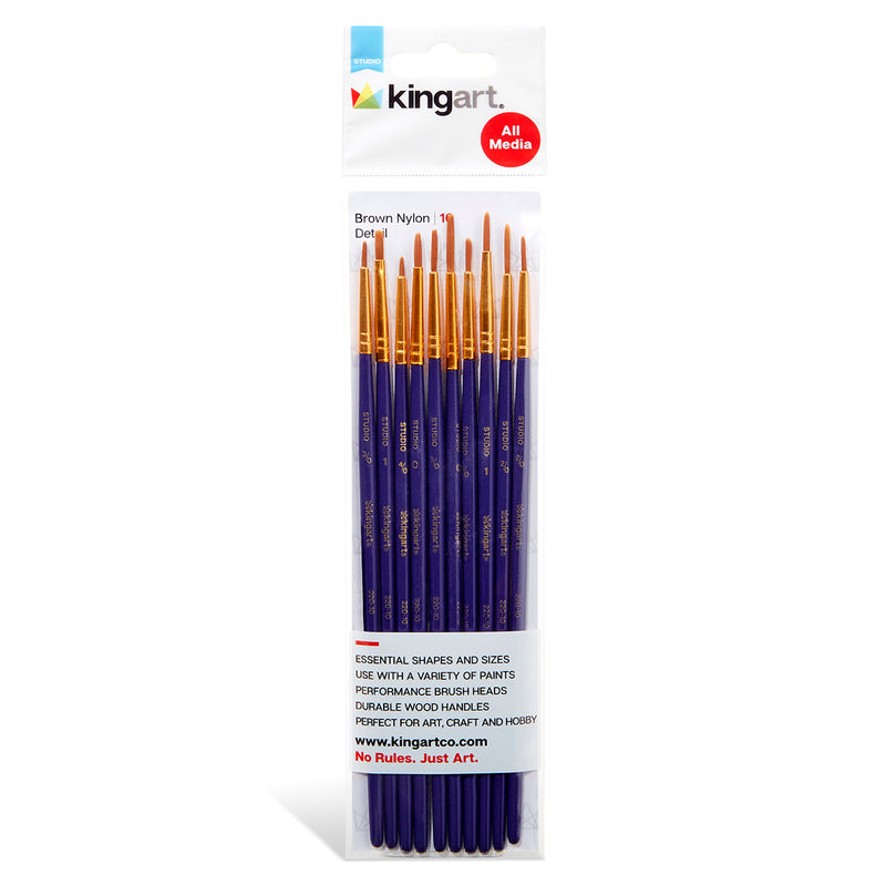 KINGART® Studio All-Purpose Art, Craft & Hobby Golden Nylon Fine Detail Brushes, Set of 10 -  - KINGART