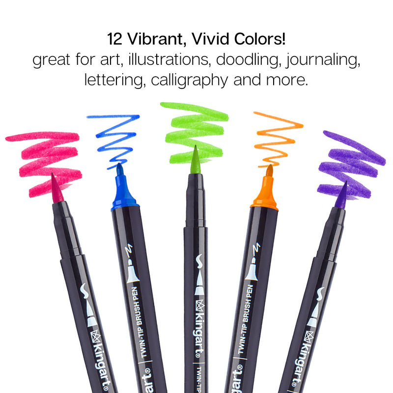 Twin-Tip™ Brush Pens 12 BRIGHT Colors - Pro - KINGART