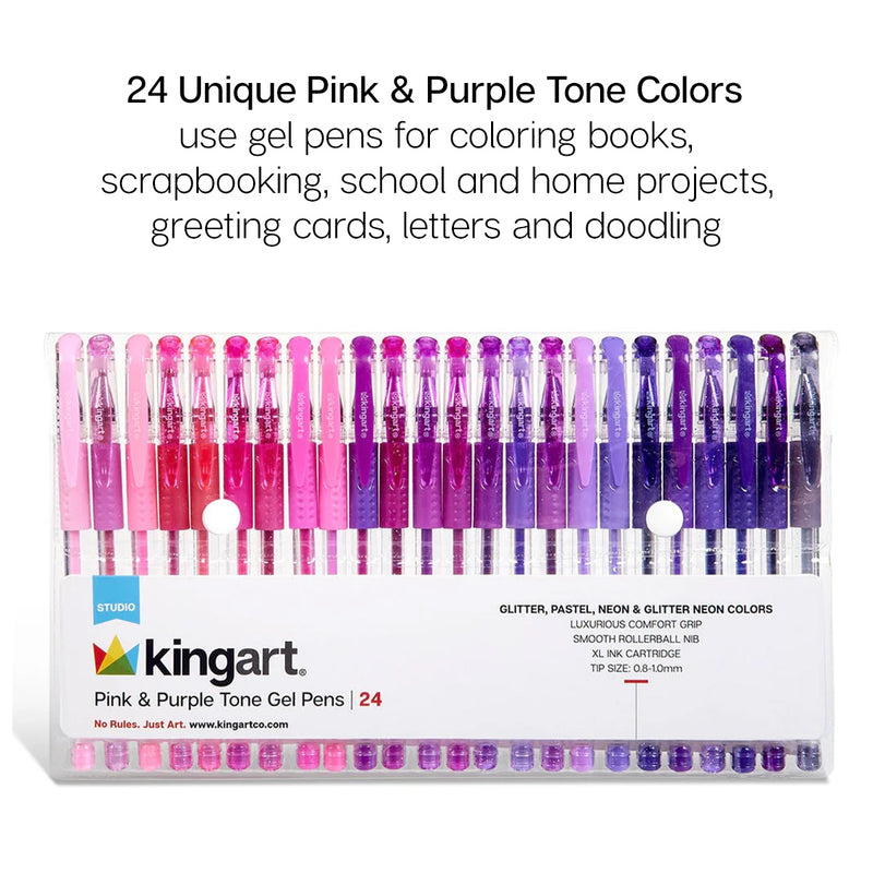 Gel Pens, Soft Grip, 24 Pink & Purple Tone Colors - Studio - KINGART