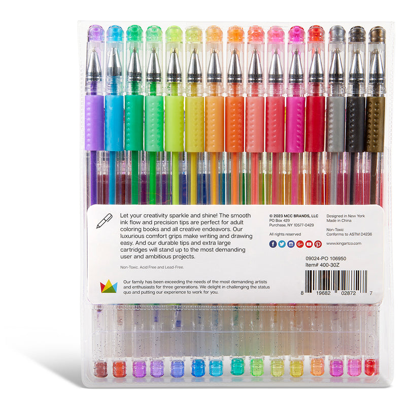 Gel Pens, Soft Grip, 30 Glitter Colors - Studio - KINGART®