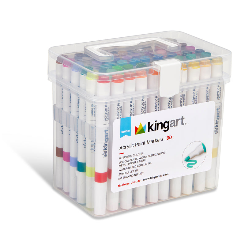 Acrylic Paint Markers Set – 60 Colors, 2mm Bullet Tip, Water-Based, Storage Case Included - PAINTS, PASTELS, GEL STICKS - KINGART