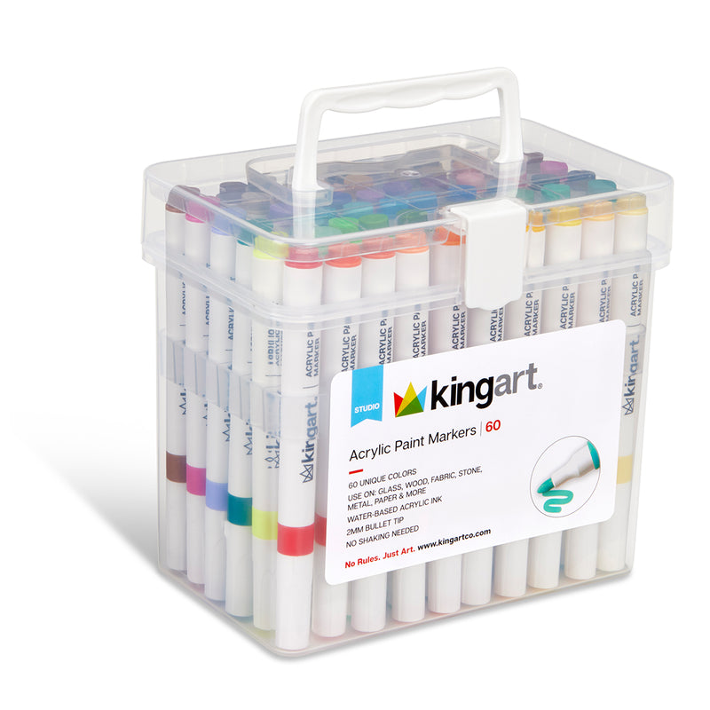 Acrylic Paint Markers Set – 60 Colors, 2mm Bullet Tip, Water-Based, Storage Case Included - PAINTS, PASTELS, GEL STICKS - KINGART