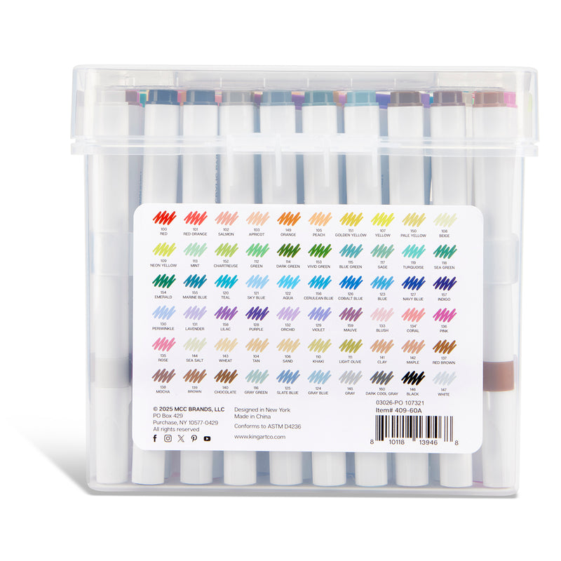 Acrylic Paint Markers Set – 60 Colors, 2mm Bullet Tip, Water-Based, Storage Case Included - PAINTS, PASTELS, GEL STICKS - KINGART