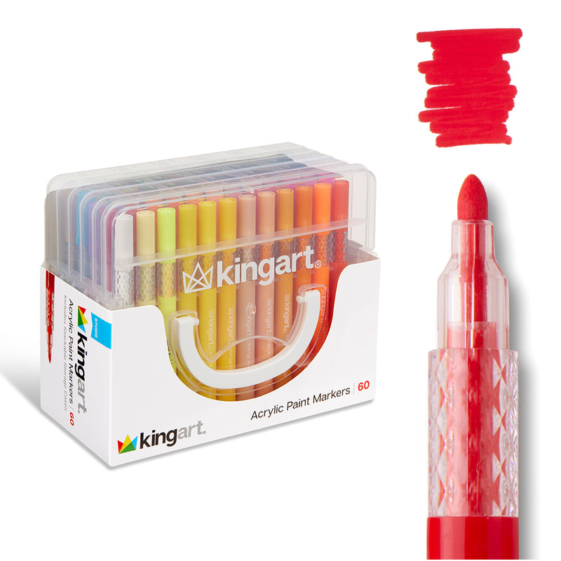 Acrylic Paint Markers Set – 60 Colors, 2mm Bullet Tip, Water-Based, Includes Storage Case - MARKERS & PENS - KINGART