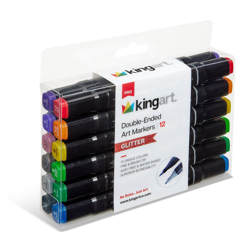 Double-Ended Glitter Art Markers – 12 Colors, Brush & Fine Tip - MARKERS & PENS - KINGART