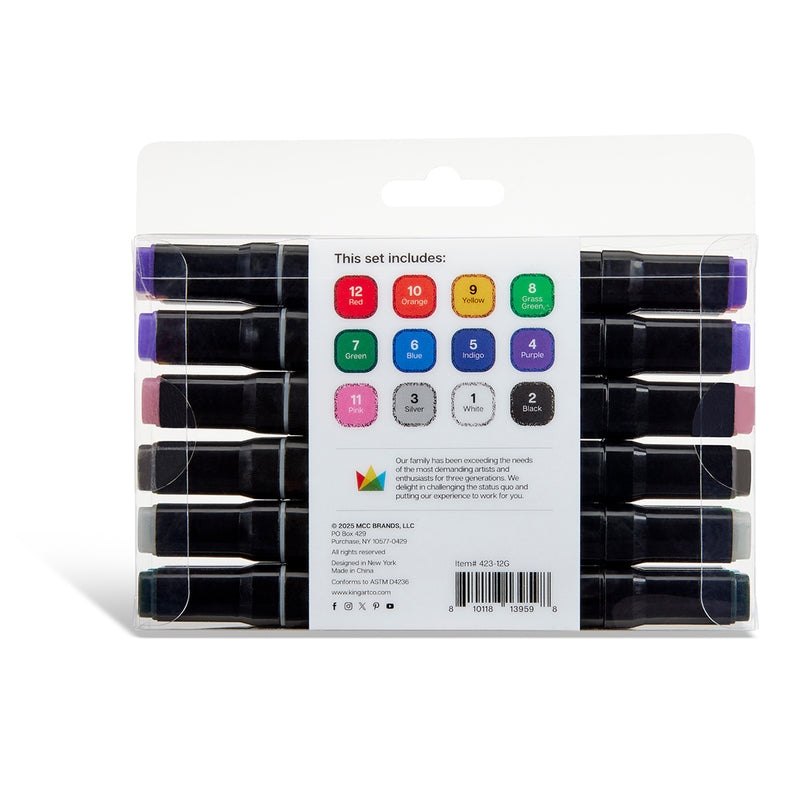 Double-Ended Glitter Art Markers – 12 Colors, Brush & Fine Tip - MARKERS & PENS - KINGART