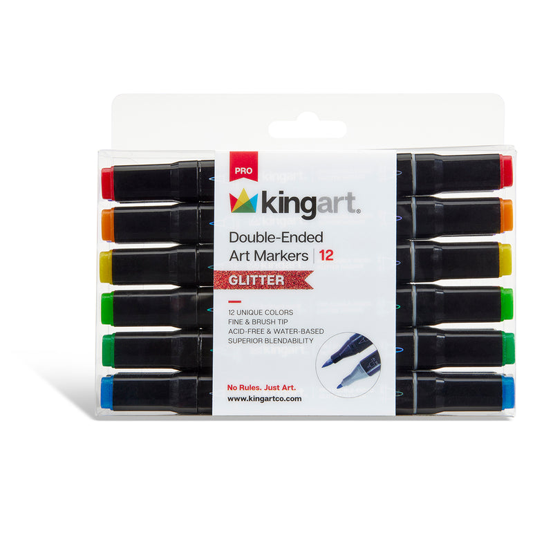 Double-Ended Glitter Art Markers – 12 Colors, Brush & Fine Tip - MARKERS & PENS - KINGART