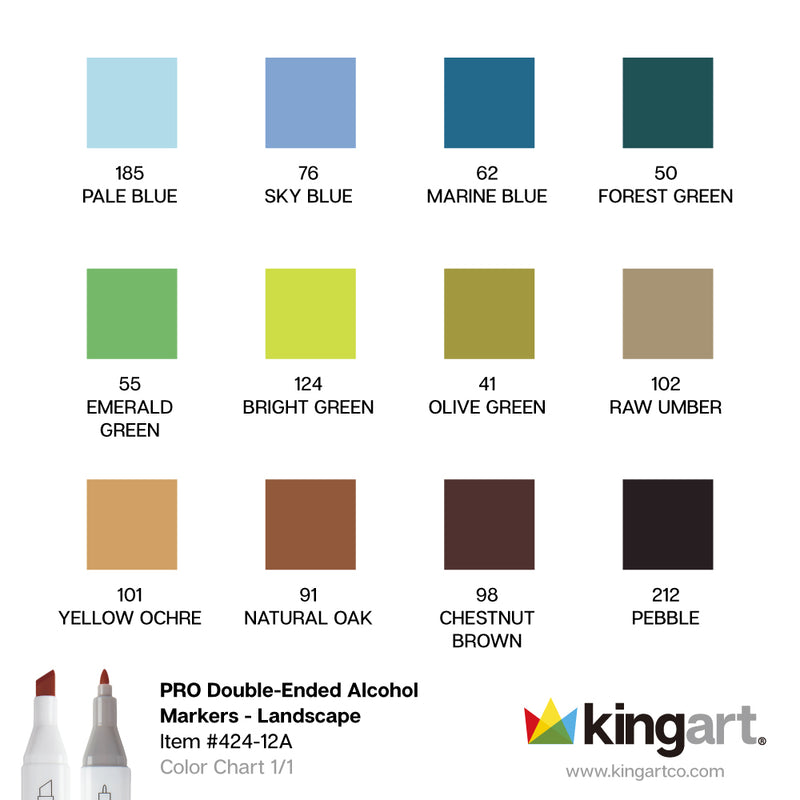 Double-Ended Alcohol Markers - 12 Landscape Colors - Pro - KINGART