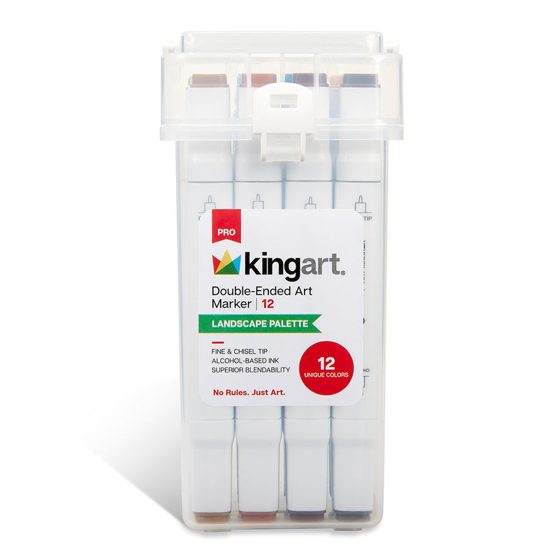 KINGART® PRO Double-Ended Art Alcohol Markers, 12 Landscape Palette Colors with Both Fine & Chisel Tips and Superior Blendability - Pro - KINGART