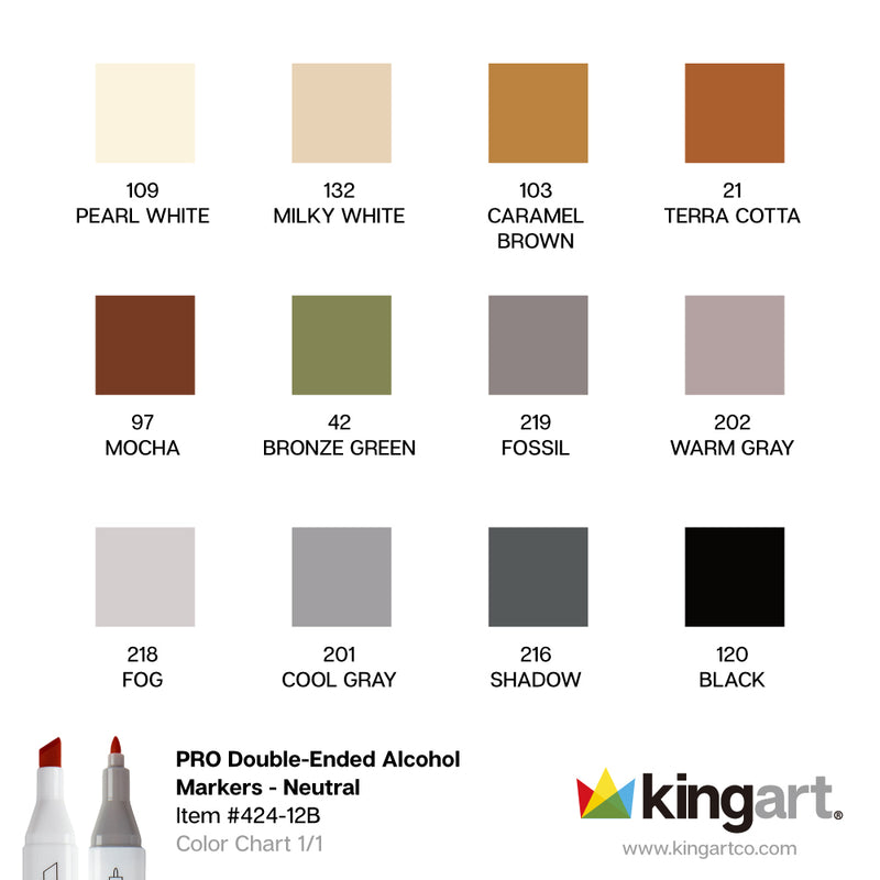 Double-Ended Alcohol Markers - 12 Neutral Colors - Pro - KINGART