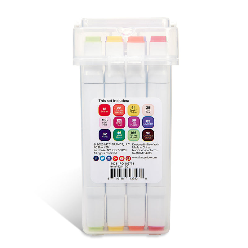 KINGART® PRO Double-Ended Art Alcohol Markers, 12 Floral Palette Colors with Both Fine & Chisel Tips and Superior Blendability - Pro - KINGART
