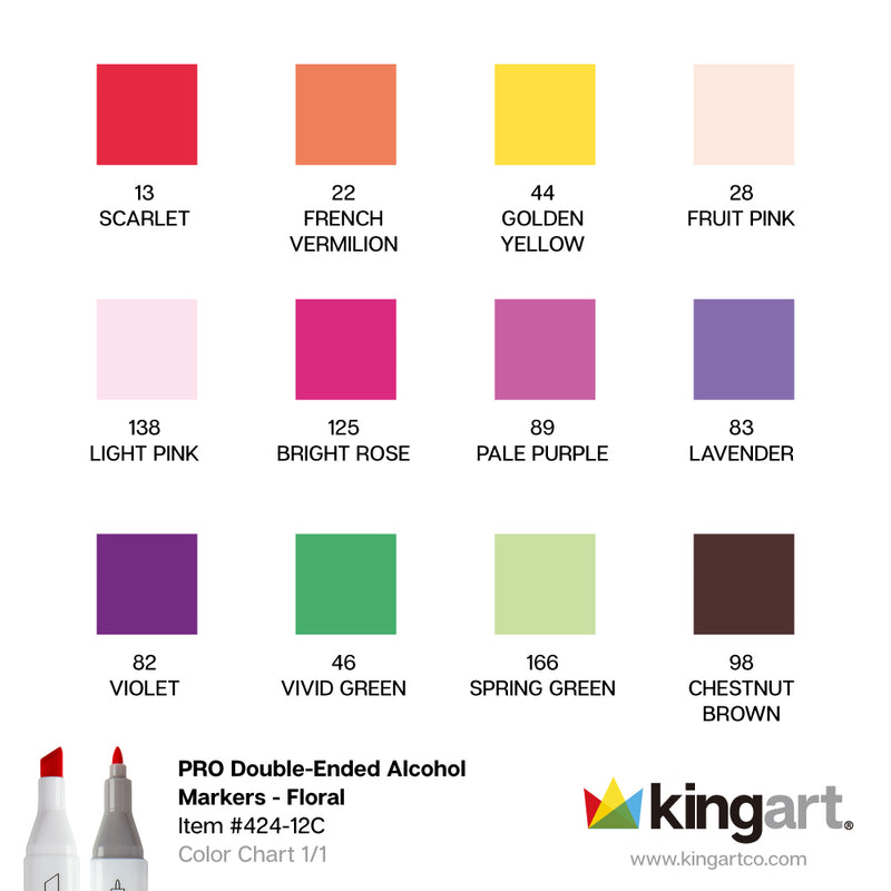 Double-Ended Alcohol Markers - 12 Floral Colors - Pro - KINGART