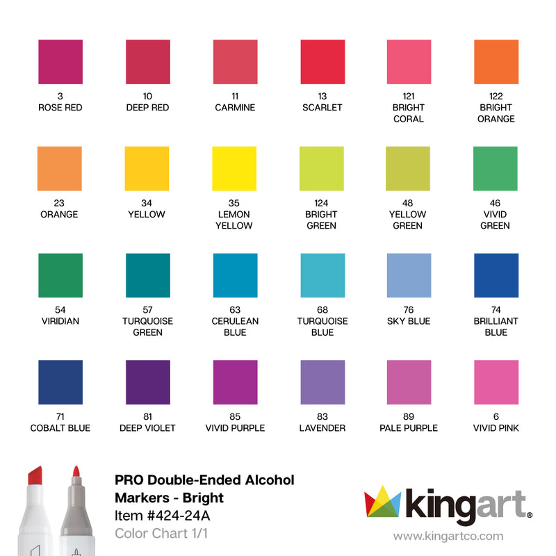 Double-Ended Alcohol Markers - 24 Bright Colors - Pro - KINGART