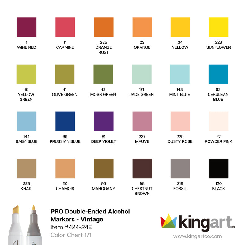 Double-Ended Alcohol Markers - 24 Vintage Colors - MARKERS & PENS - KINGART