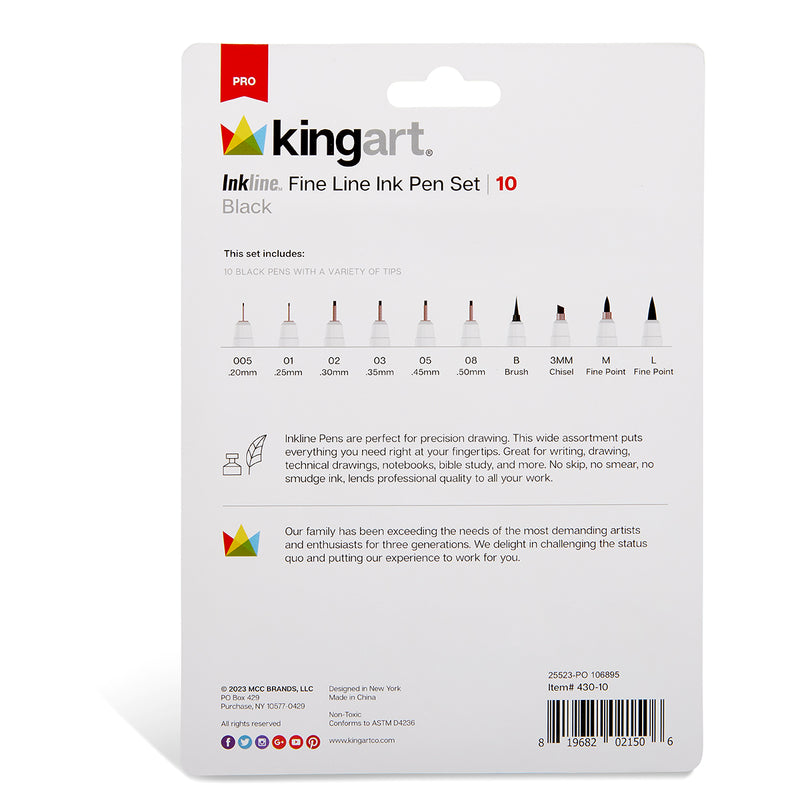 PRO Inkline™ Fine Line Pens, 10 pc - Pro - KINGART®