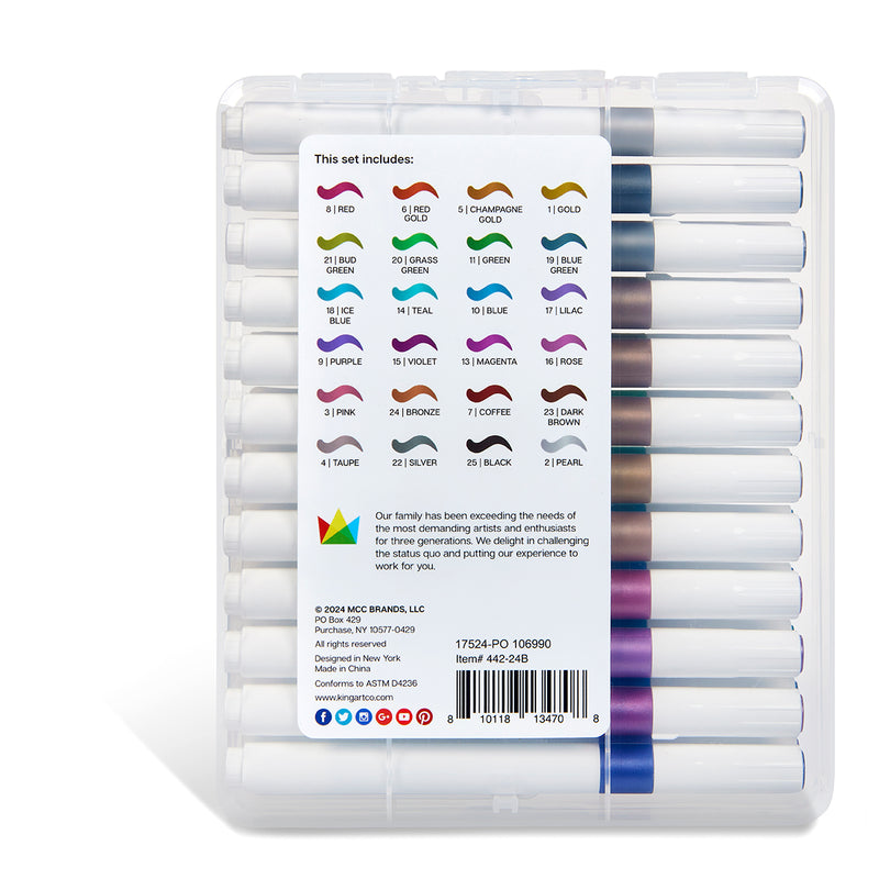 Acrylic Brush Tip Markers, 24 Metallic Colors - Studio - KINGART®