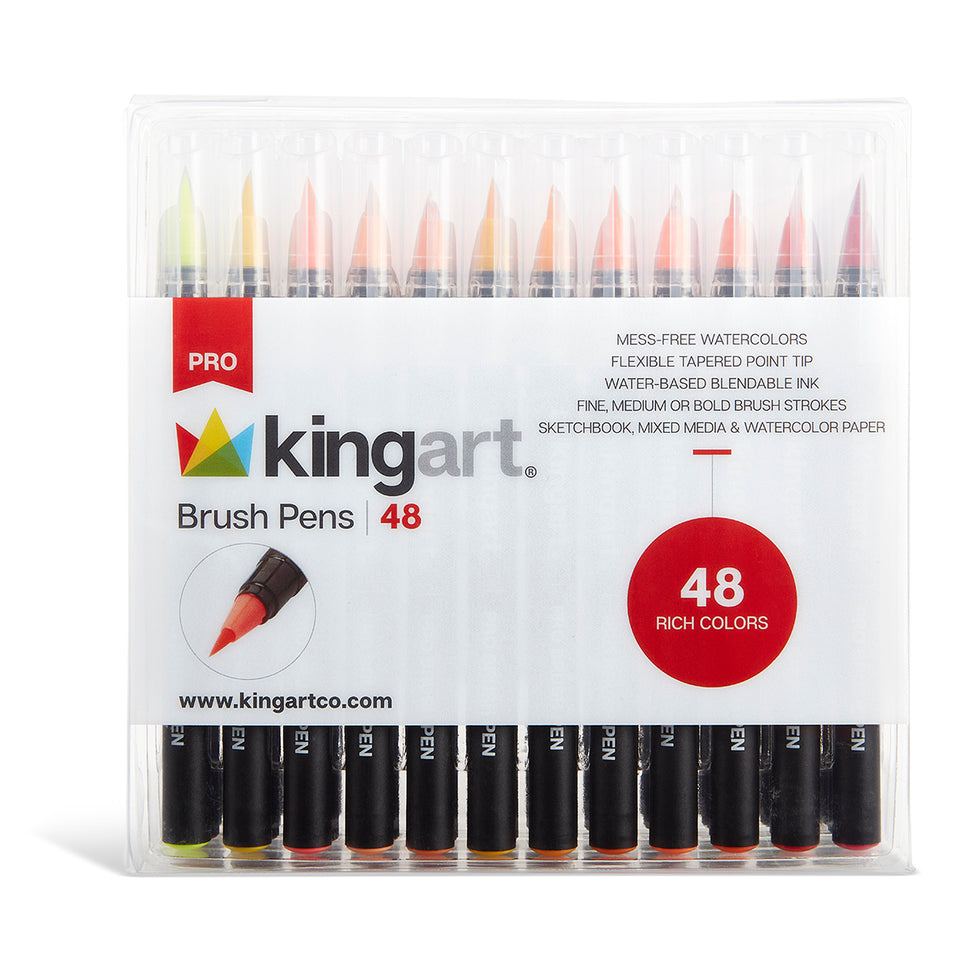 KINGART® PRO Real Brush Watercolor Pens, Set of 48 Unique Colors for