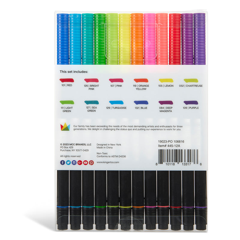 KINGART® PRO Twin-Tip™ 445 Series Brush Pen Art Markers, BRIGHT Collection, Set of 12 Unique & Vivid Colors - Pro - KINGART
