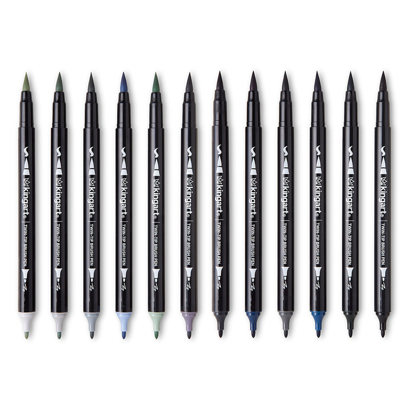 PRO Twin-Tip™ Brush Pens, 12 GRAYSCALE Colors - Pro - KINGART