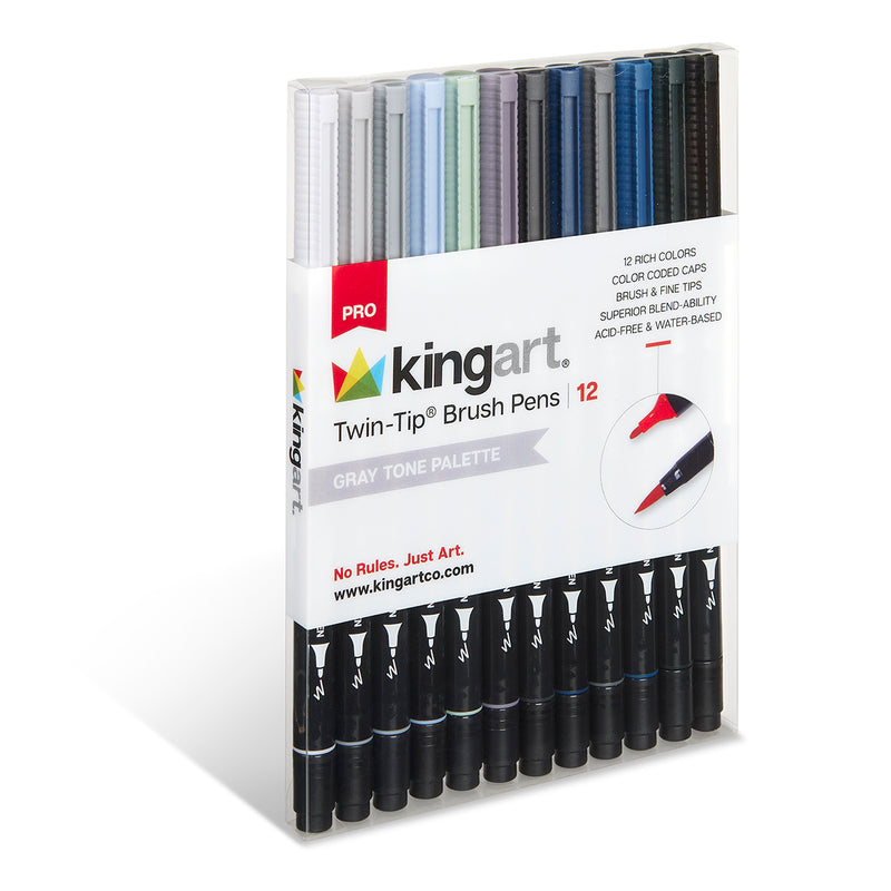 KINGART® PRO Twin-Tip™ 445 Series Brush Pen Art Markers, GRAYSCALE Collection, Set of 12 Unique & Vivid Colors - Pro - KINGART