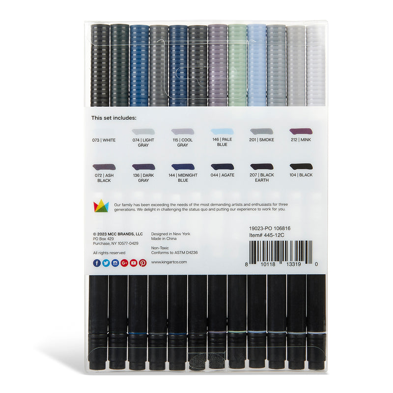 KINGART® PRO Twin-Tip™ 445 Series Brush Pen Art Markers, GRAYSCALE Collection, Set of 12 Unique & Vivid Colors - Pro - KINGART