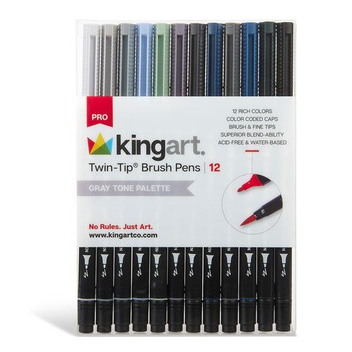 KINGART® PRO Twin-Tip™ 445 Series Brush Pen Art Markers, GRAYSCALE Collection, Set of 12 Unique & Vivid Colors - Pro - KINGART