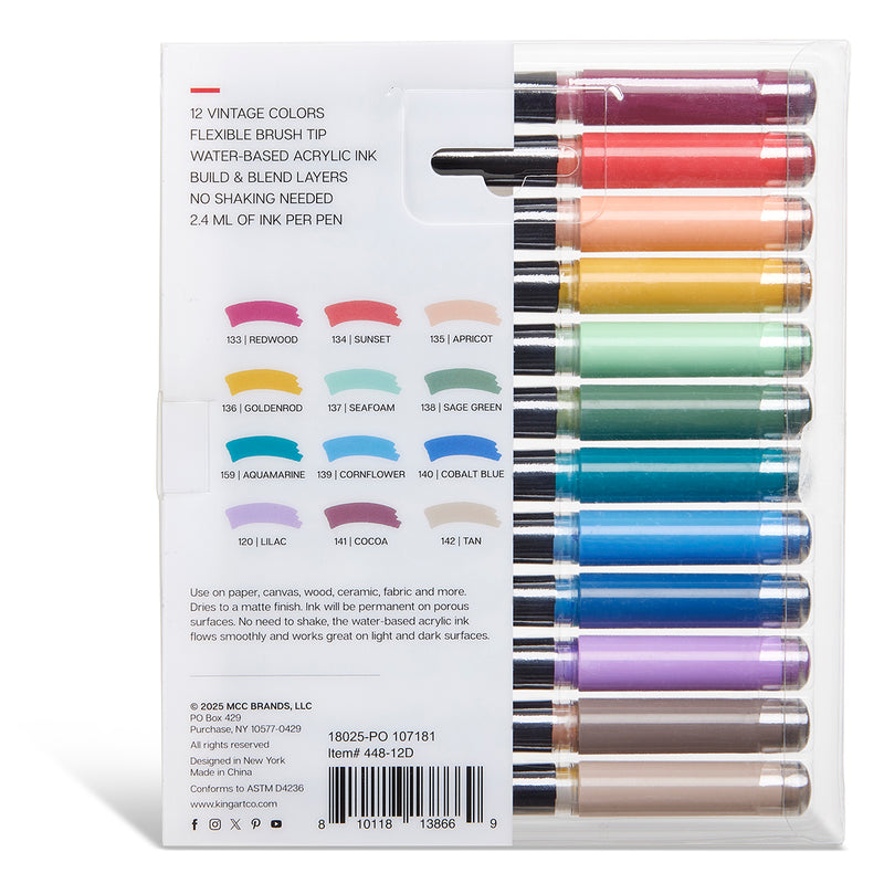 PRO Acrylic Paint Brush Pens 12 Vintage Colors - Pro - KINGART