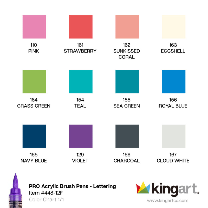 Acrylic Paint Brush Tip Pens - 12 Lettering Colors - Pro - KINGART
