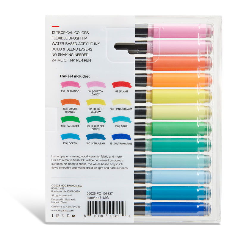 Acrylic Paint Brush Tip Pens - 12 Tropical Colors - MARKERS & PENS - KINGART