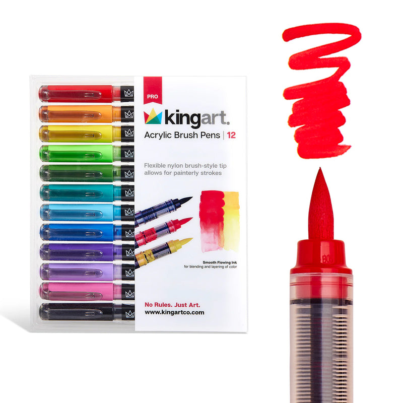 Acrylic Brush Tip Pens 12 Bright Colors - Pro - KINGART