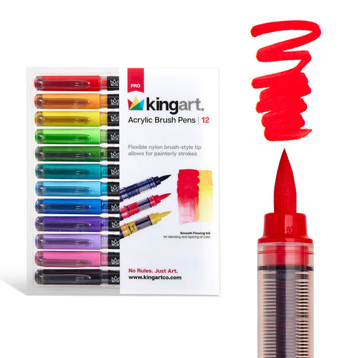 Acrylic Brush Tip Pens 12 Bright Colors - Pro - KINGART
