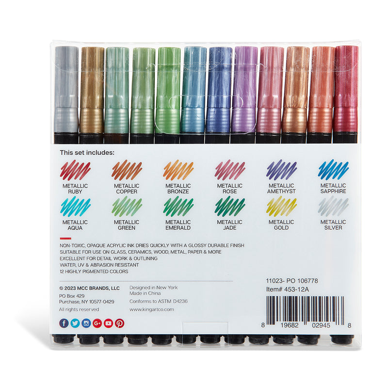 KINGART® PRO Extra Fine Point Acrylic Paint Pen Markers, Water-Based Ink, Set of 12 Metallic Colors - Pro - KINGART