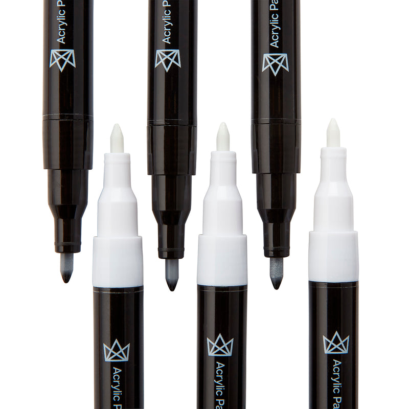KINGART® Extra Fine Point Acrylic Paint Pen Markers, Permanent Ink, Black & White, Set of 6 (3 each) -  - KINGART