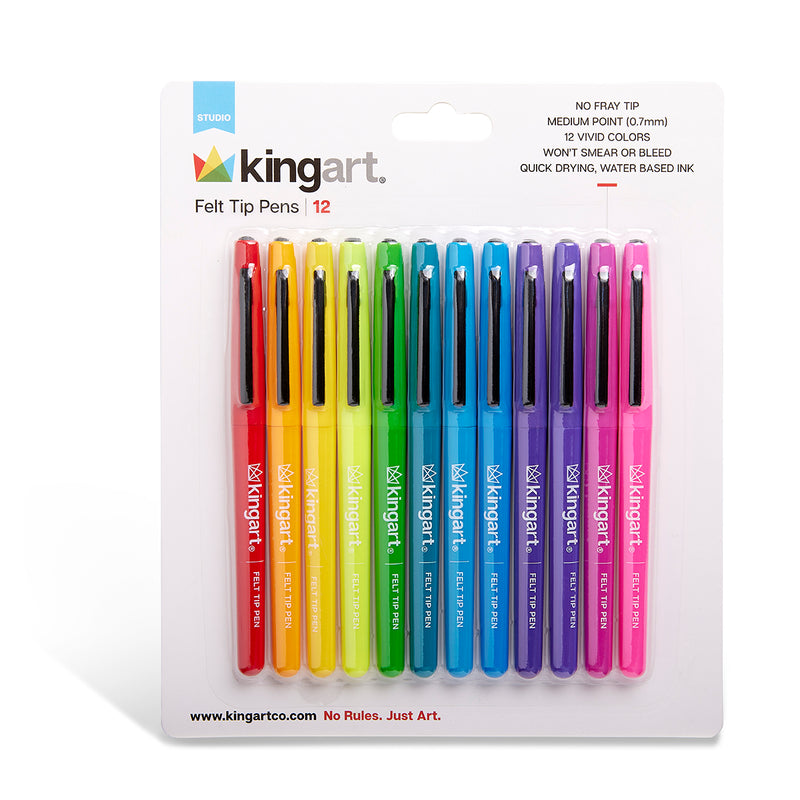 KINGART® Studio Felt Tip Pens, Medium Point, Set 12 Unique Bright Colors - Studio - KINGART
