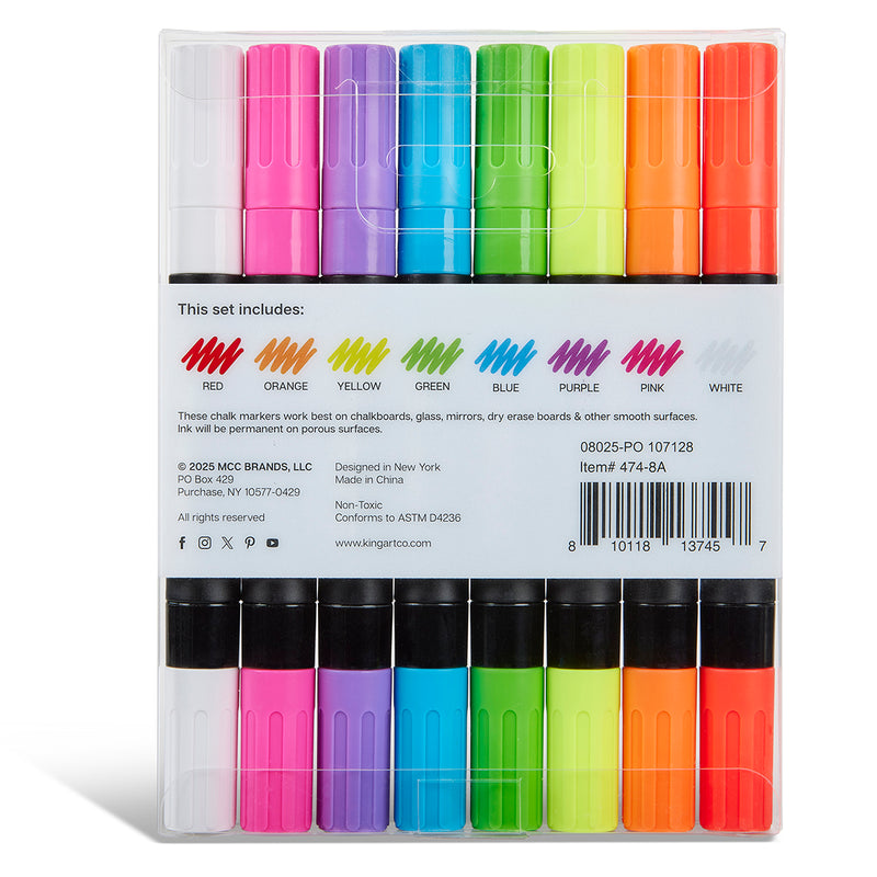Liquid Chalk Dual-Tip Pens 8 Neon Colors - MARKERS & PENS - KINGART